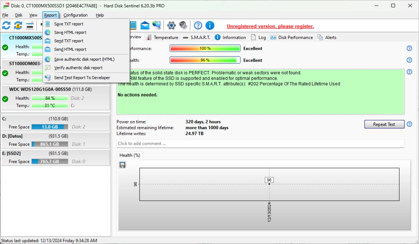 Hard Disk Sentinel overview showing several drives with health, temperature and performance status.